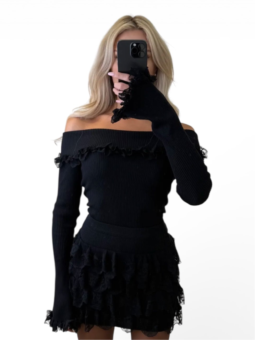 „Vivi“-Schulterfreies Langarm Top mit Rüschen