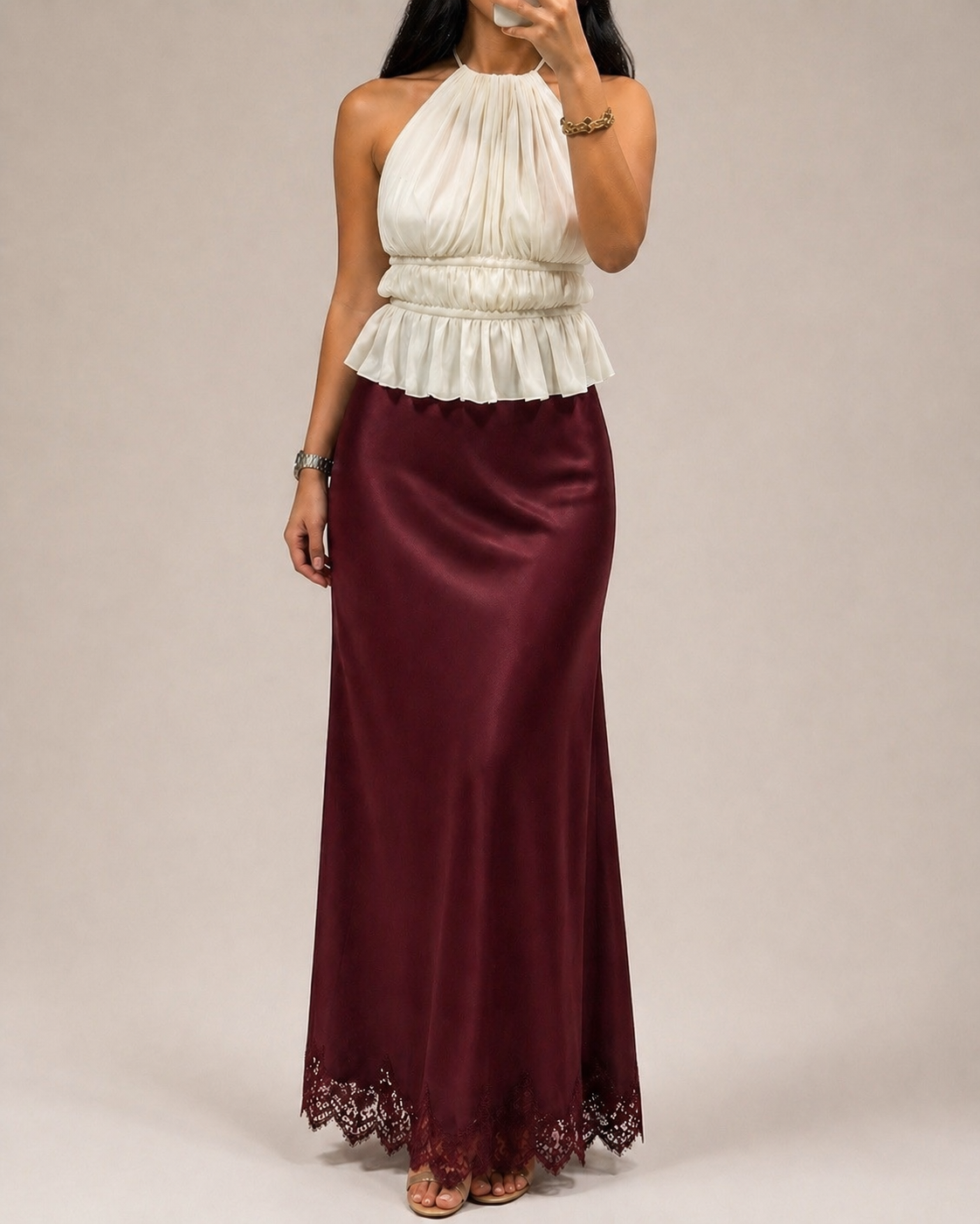 Maxirock Satin mit Spitze