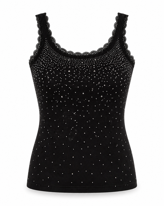 Elegantes Strass Top Selam – Schwarzes Glitzer Top mit Spitze