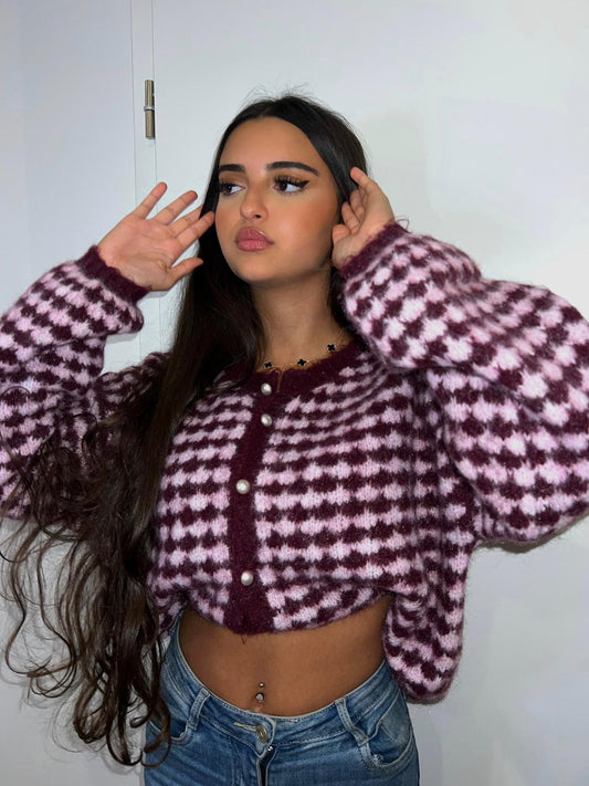 Flauschiger Karo-Cardigan in Rosa & Bordeaux