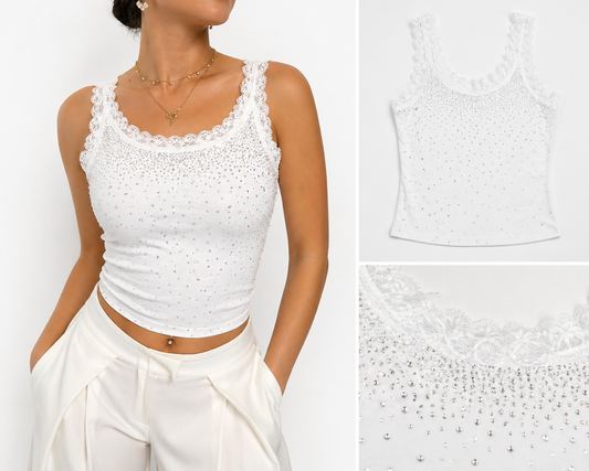 Elegantes Strass Top Selam – Schwarzes Glitzer Top mit Spitze