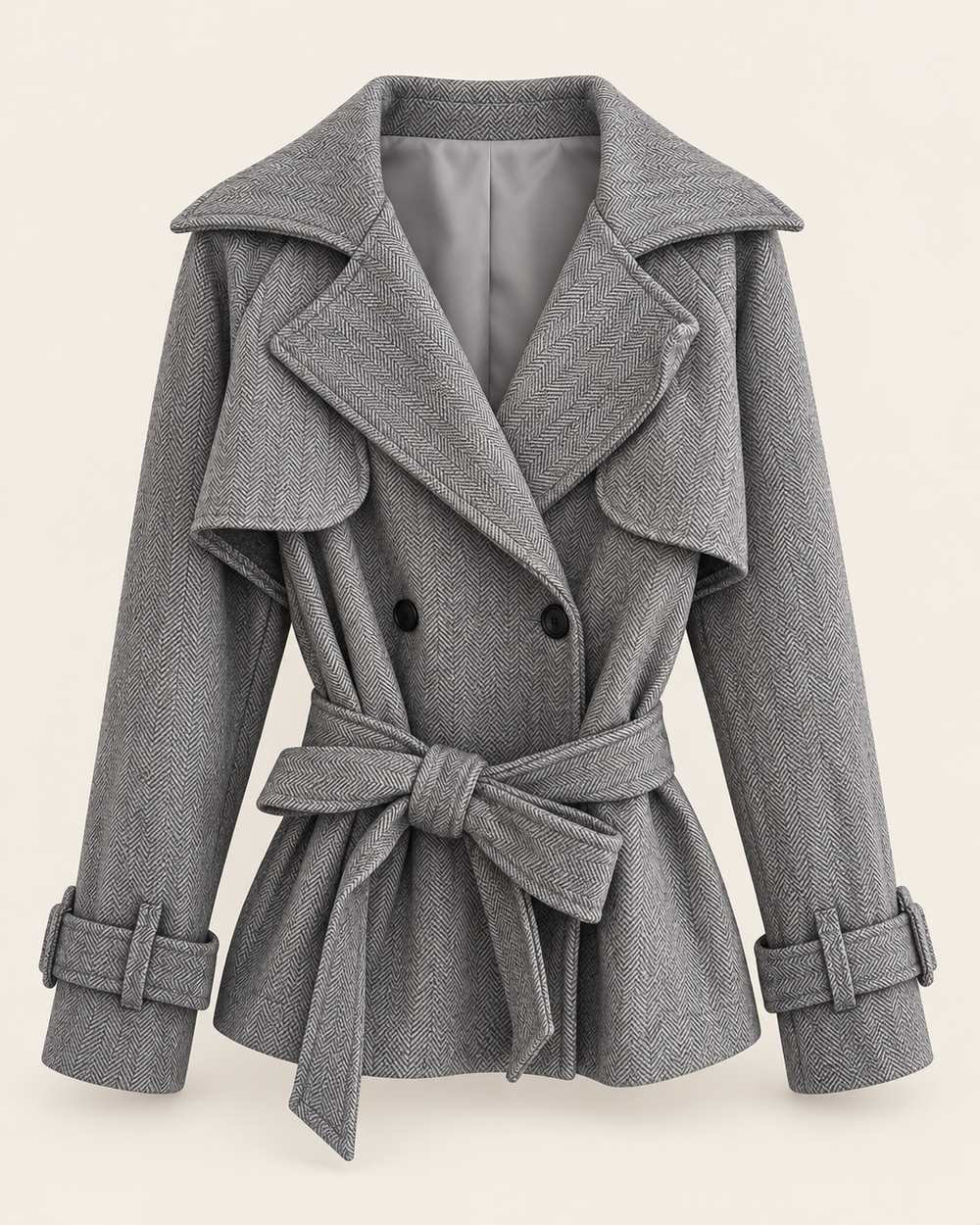Graue Taillenjacke mit Bindegürtel