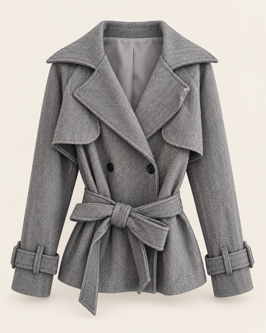 Graue Taillenjacke mit Bindegürtel