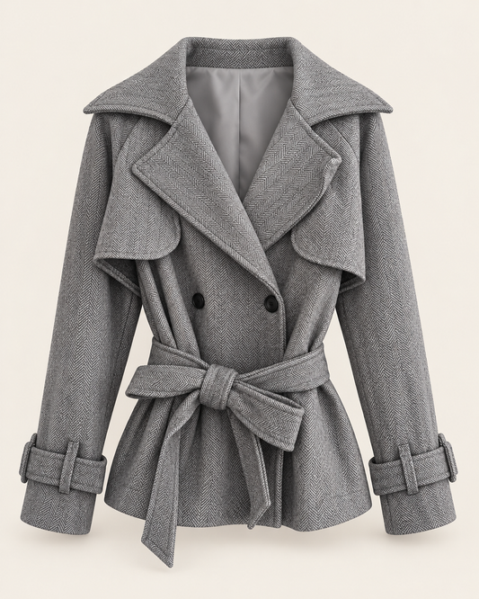 Graue Taillenjacke mit Bindegürtel