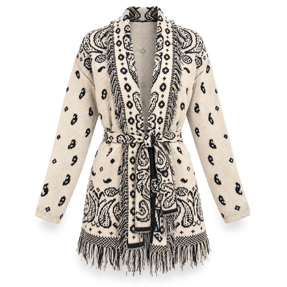 Paisley Strickcardigan mit Fransen & Bindegürtel