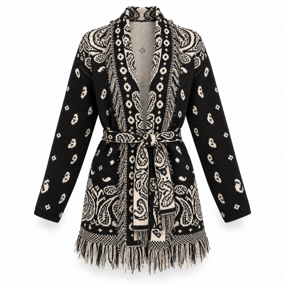 Paisley Strickcardigan mit Fransen & Bindegürtel