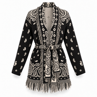 Paisley Strickcardigan mit Fransen & Bindegürtel