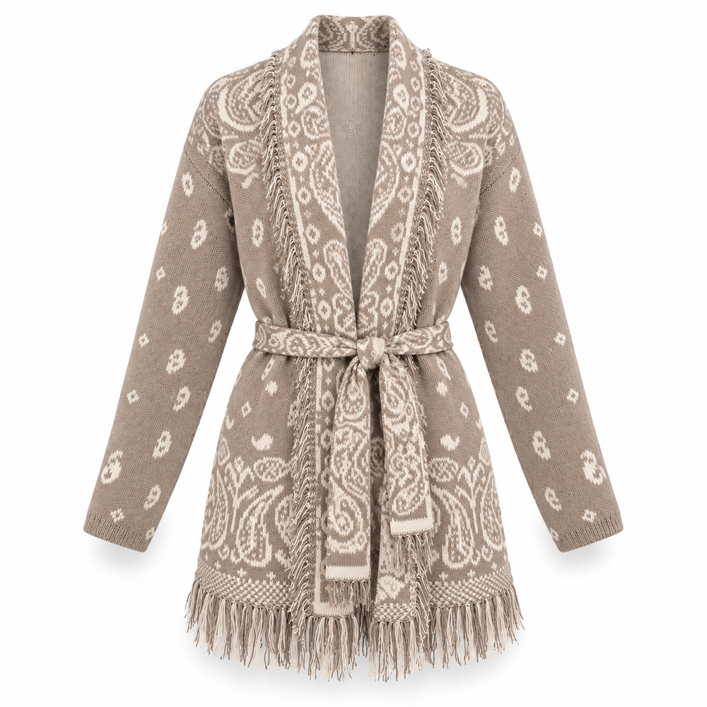 Paisley Strickcardigan mit Fransen & Bindegürtel