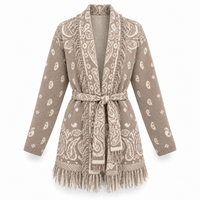 Paisley Strickcardigan mit Fransen & Bindegürtel