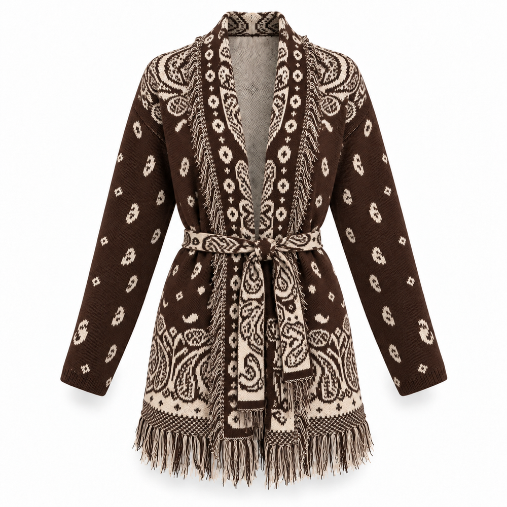 Paisley Strickcardigan mit Fransen & Bindegürtel