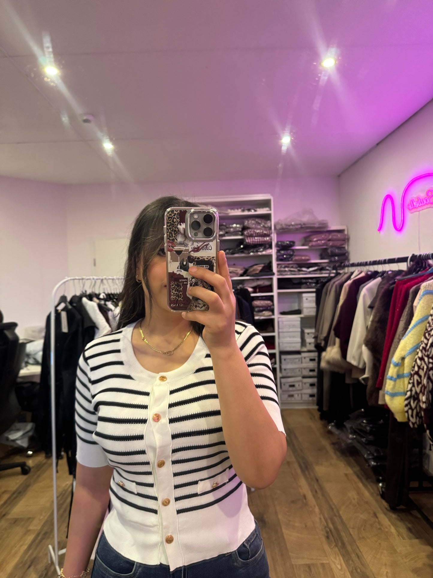 Gestreifte kurzarm Cardigan Amelie mit Goldknöpfen