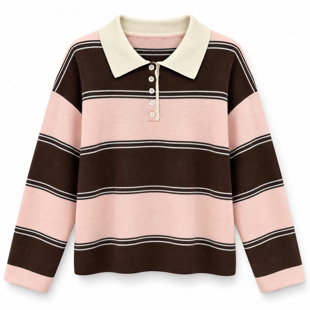 Polo-Strickpullover mit Streifen in Rosa/Schoko